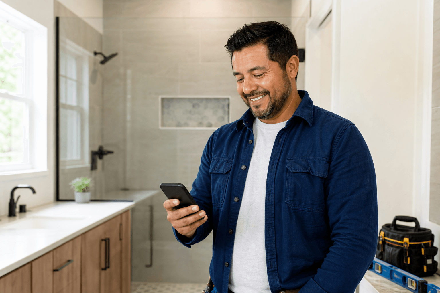 Illustrative bathroom remodeling contractor reviewing a project on a phone