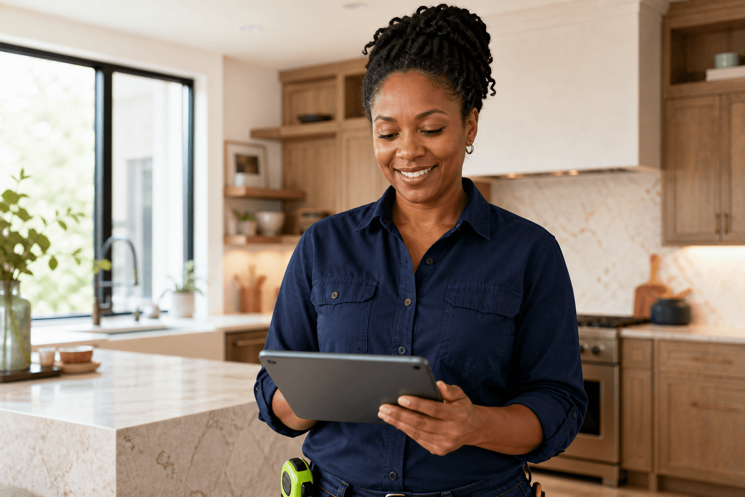 Illustrative kitchen remodeling contractor reviewing a project on a tablet