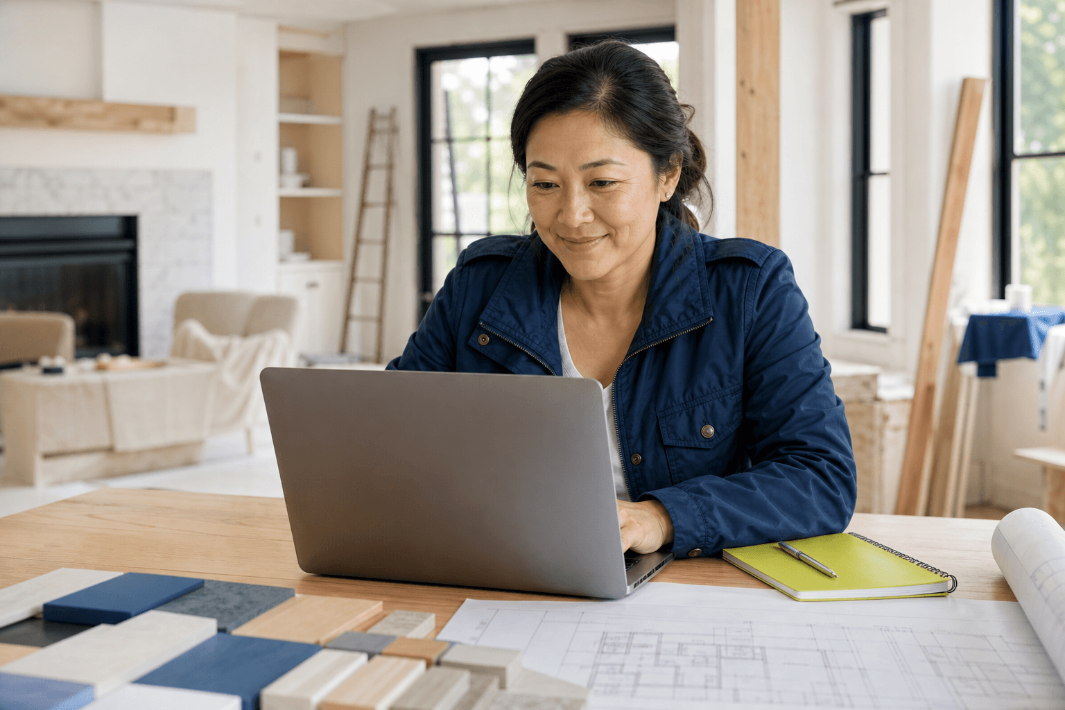 Illustrative remodeling business owner reviewing project details on a laptop