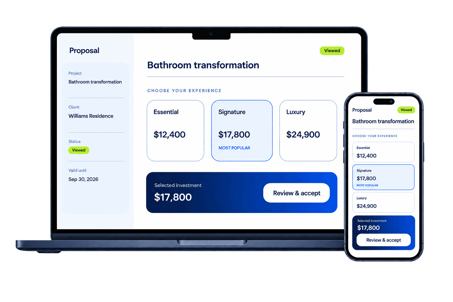 RenoCue proposal displayed on a contractor laptop and a homeowner phone